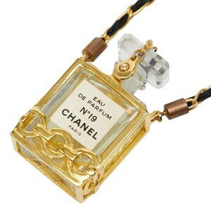 Chanel Perfume Bottle Chain Pendant Necklace Gold Black Nylon Plated Glass